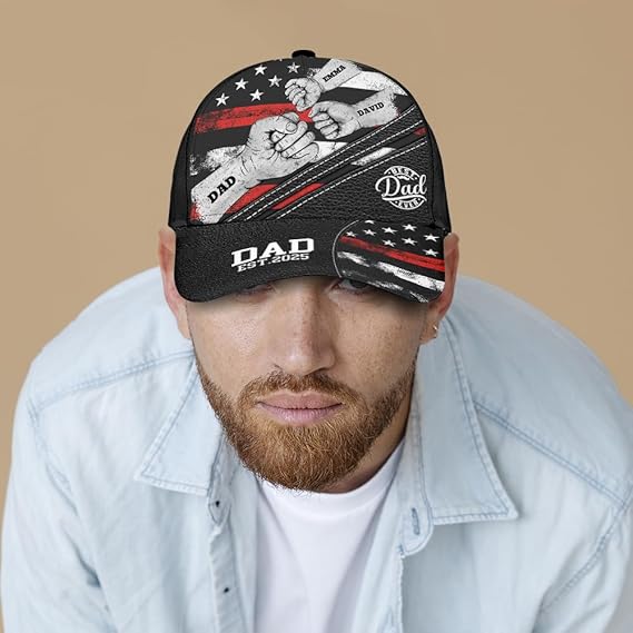 Personalized Dad Baseball Cap with Kid Names Custom Fist Bump Hat for Fathers Day, Birthday, Daddy, Grandpa Gift