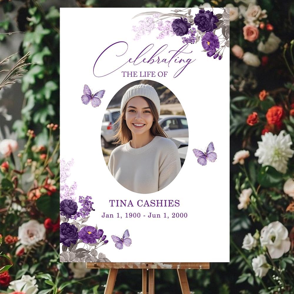 Personalized Funeral Welcome Signs, Celebrating The Life Of Signs, Custom Memorial Signs with Image, Forever In Our Hearts Signs, Flower Butterfly Purple Yard Signs, Memory Signs For Funeral