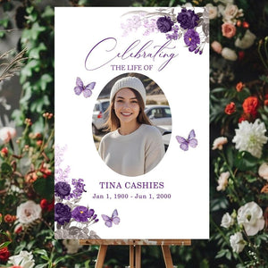 Personalized Funeral Welcome Signs, Celebrating The Life Of Signs, Custom Memorial Signs with Image, Forever In Our Hearts Signs, Flower Butterfly Purple Yard Signs, Memory Signs For Funeral