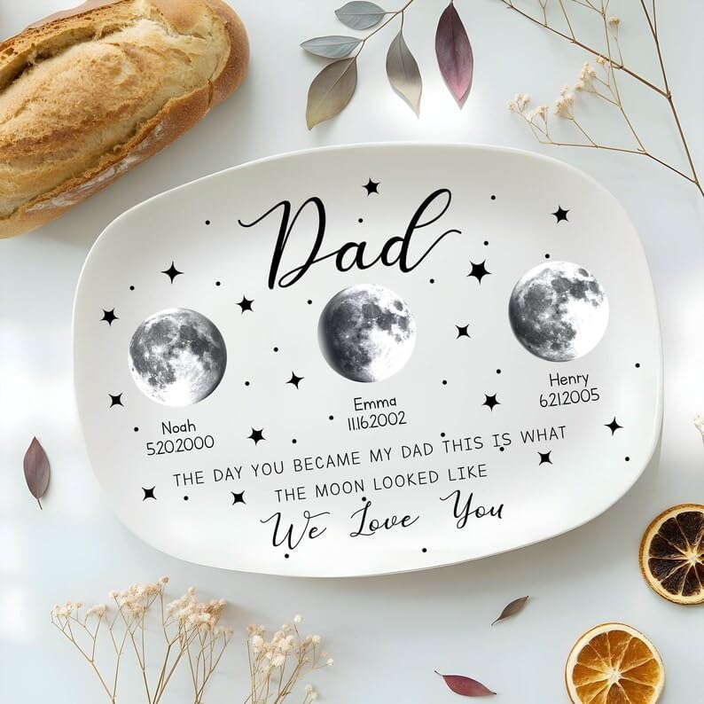 Daddys Grilling Plate Personalized, Moons Phase with Kids Names Platter Plates Fathers Day Gift Serving Tray Decor for Grandpa Dad Birthday Christmas New Year Dad Gifts