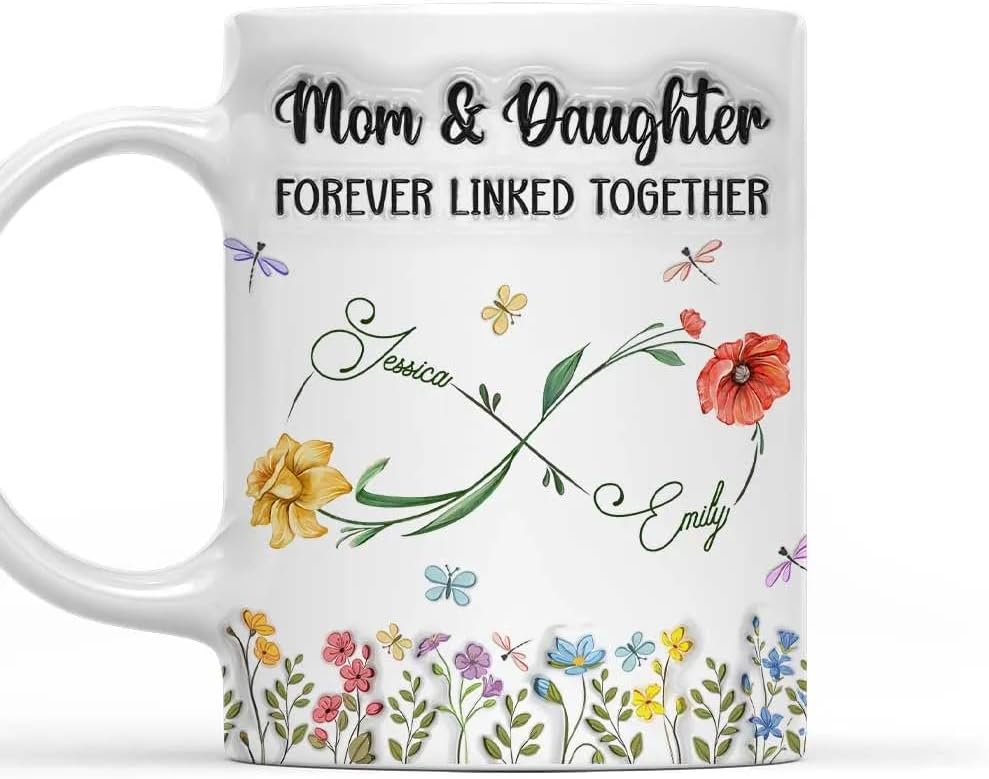 Mothers Day Mug Mom And Daughter Forever Linked Together Coffee Cup Personalized 3d Inflated Effect Printed Mug With Kids Name Gifts For Mom Mama Grandma Nana Gift From Daughter Son