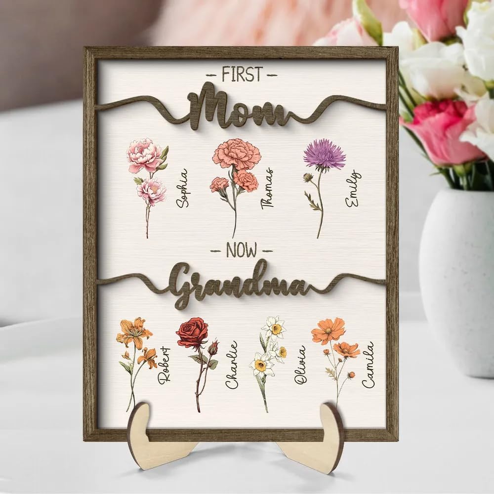 Personalized Birth Month Flower Wood Plaque with Stand, Custom Grandma Gift from Grandkids, Mother's Day, Birthday, Christmas, Family Keepsake, Home D cor Gifts for Gigi Nana GreatGrandma