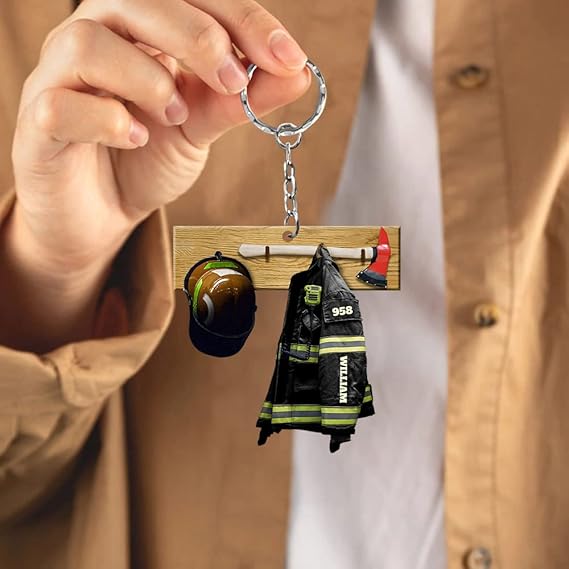 Personalized Firefighter With Helmet Keychain Custom Firefighter Gifts for Men Acrylic Keychain with Iamge Name Number