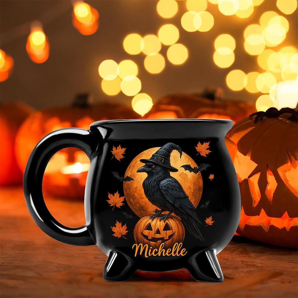 Personalized Raven Crow Witch Cauldron Mug, Personalized Birthday Gifts For Besties, Sisters, BFF, Family, Yourself, Witching You a Wicked Brew, Halloween Tea Cups Woman Wiccan Gifts, Witch Mug