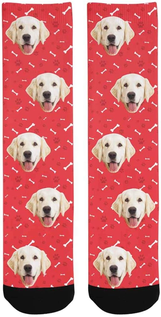 Custom Personalized Photo Pet Face Socks, Cat and Dog Tracks Paws Bones Crew Socks with Picture for Men Women