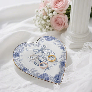 Personalized Mr and Mrs Ring Dish Custom Ceramic Jewelry Tray with Initials & Date, Blue Rose Vintage Wedding Gold Rim Ring Plate, Engagement or Gift for Couples