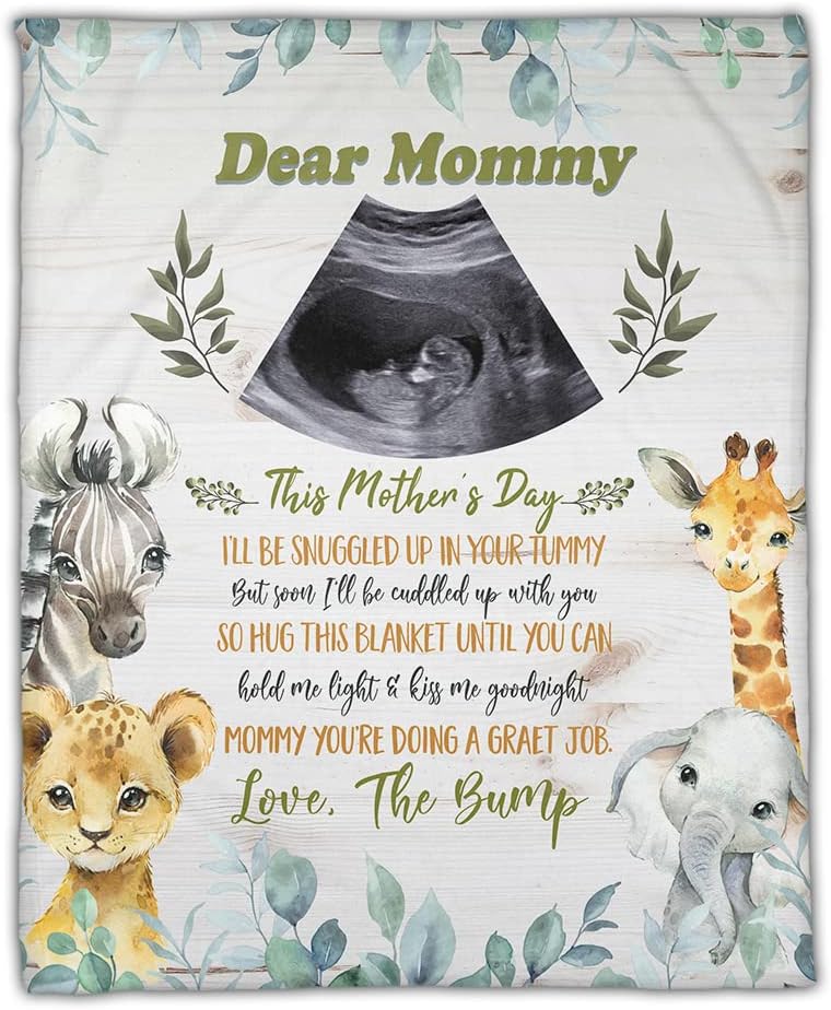 Personalized Ultrasound Photo Baby Blanket, Mommy Safari Animals, Mothers Day Birthday Gifts for Mom, Mother, First Time Mom, Unique Gift for Wife from Husband, Custom Sonogram Picture