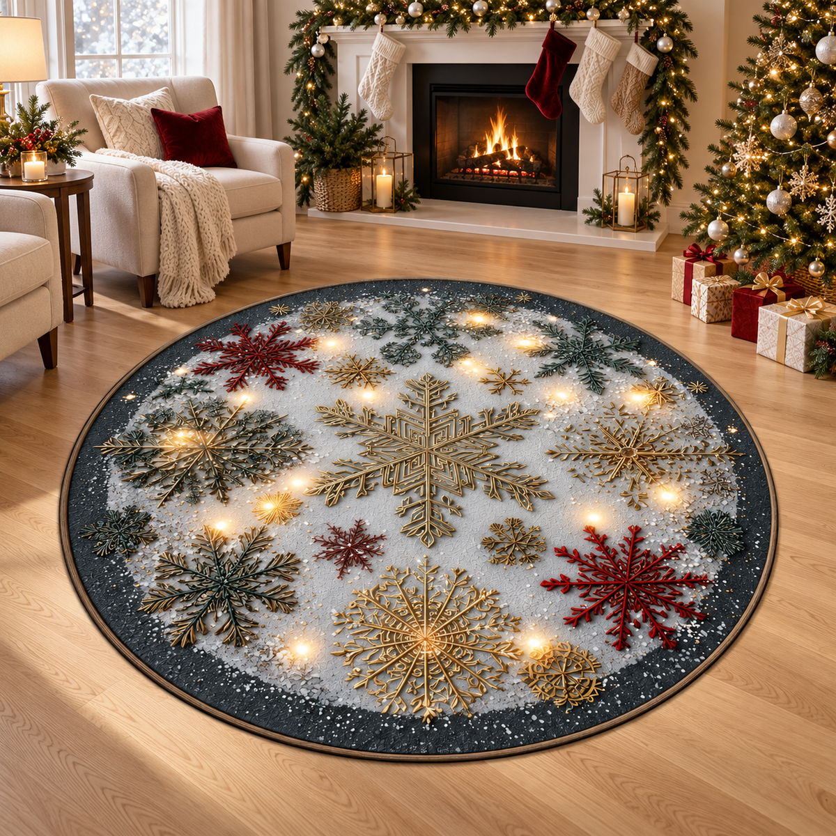 Round Christmas Snowflake Rug, Winter Holiday Carpet, Festive Living Room Decor, Cozy Xmas Floor Mat with Gold and Red Design 6252d031-0fd7-49ea-893a-d647f433fc08-banner-1.png
