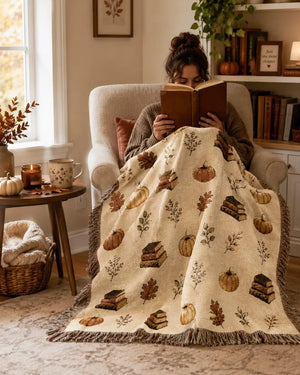 Fall Pumpkin & Books Woven Blanket | Autumn Book Blanket | Cozy Book Lover Gift 6259ca5d-8dcc-4495-9fe6-c93682c8d20c-FDGDF-7-.webp