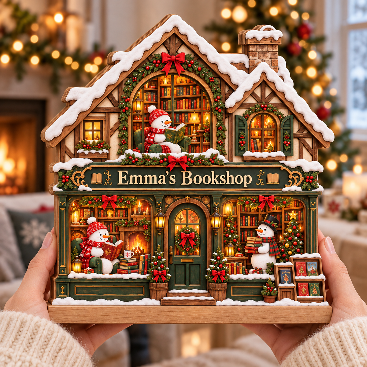 Snowman Bookshop Wooden Block, Personalized Winter Bookstore Christmas Decor, Book Lover Shelf Sign, Reading Lover Gift, Bookish Christmas Gift 625e4364-ad8e-484a-8a72-10b260d2ee3f-Handheld-Emma-s-Bookshop-winter-plaque-3.png