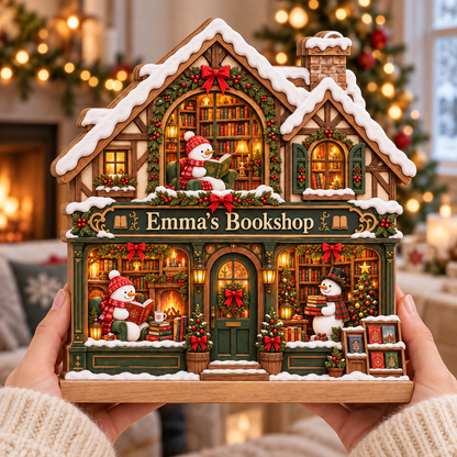 Snowman Bookshop Wooden Block, Personalized Winter Bookstore Christmas Decor, Book Lover Shelf Sign, Reading Lover Gift, Bookish Christmas Gift 625e4364-ad8e-484a-8a72-10b260d2ee3f-Handheld-Emma-s-Bookshop-winter-plaque-3.png