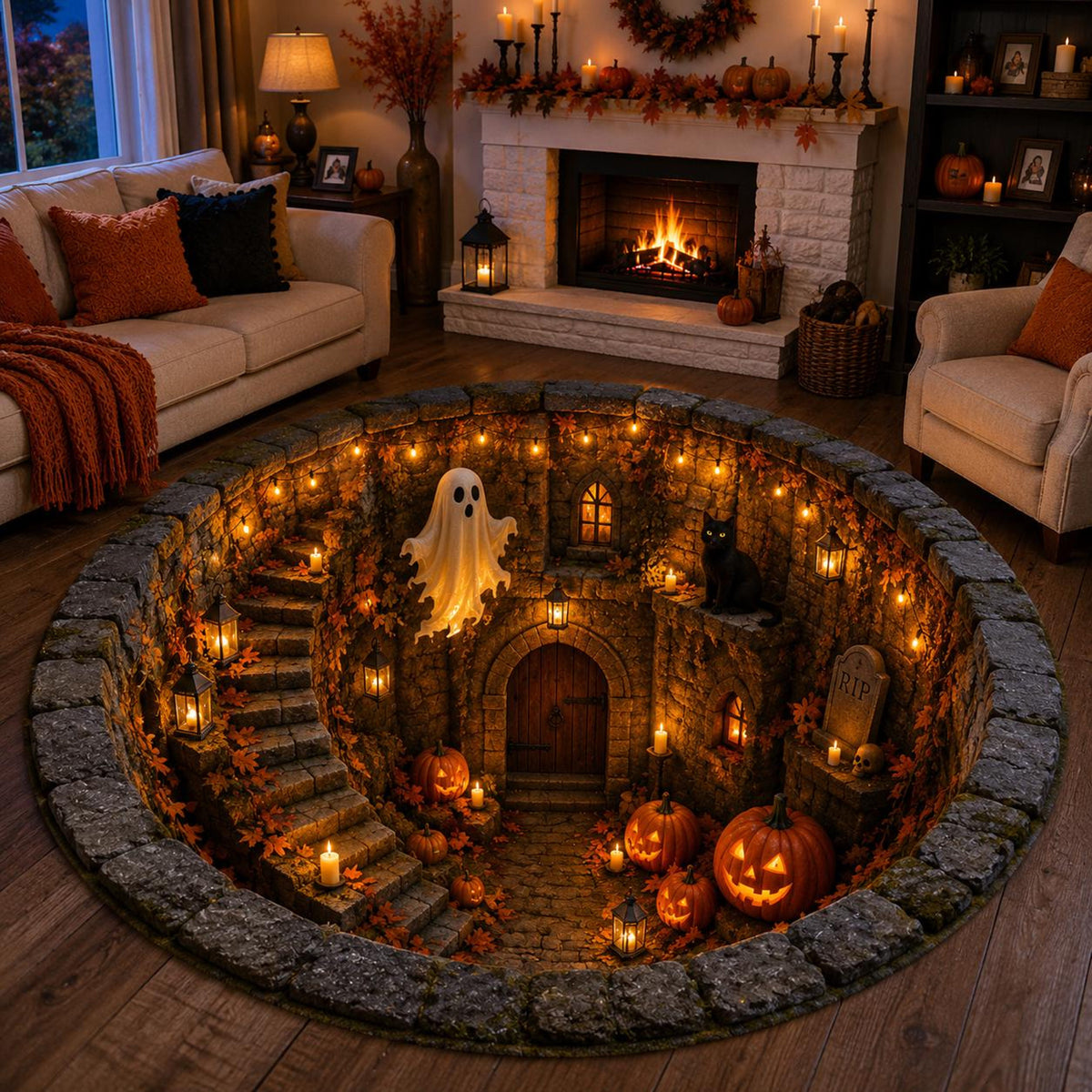 Flat Halloween Haunted Well Round Rug, 3D Ghost Skeleton Black Cat Carpet, Pumpkin Cellar Illusion Floor Decor 628ce84d-87c4-4082-8b01-2a3f7e90bfb4-2.jpg