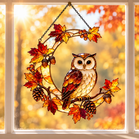 Fall Owl Moon Acrylic Suncatcher, Maple Leaves Woodland Owl Window Hanging, Thanksgiving GIft For Nature Lovers, Fall Home Decor 62915bdc-2aca-47e0-b12a-9a69d502fec0-5cf771fb-fbc1-46b4-b96c-bc990f789557.png