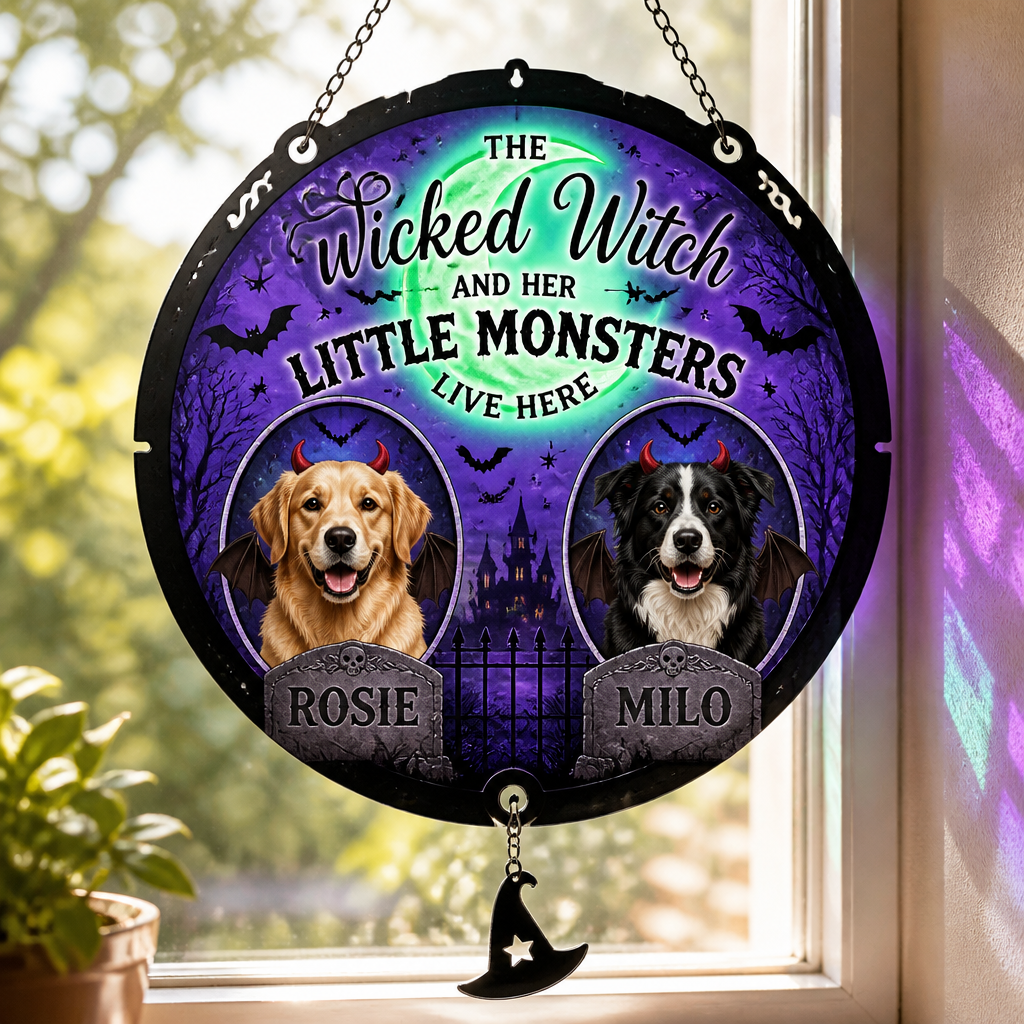 Halloween Witch & Little Monsters Pet Photo Doormat - Personalized 1 Layered Suncatcher with Charm 62962b5c-b699-475b-a3a9-c05c0ef6928d.png