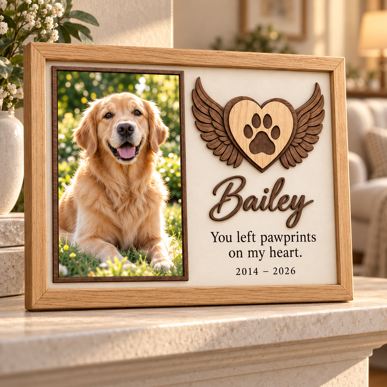 Personalized Dog Memorial Photo Frame, Custom Wooden Pet Picture Frame, Pawprints on My Heart Keepsake, Pet Loss Sympathy Gift 62a7d6b7-eb5d-41e7-aeb1-842796a77377-Bailey-Oak-Memorial-Frame-with-Angel-Heart-4.png