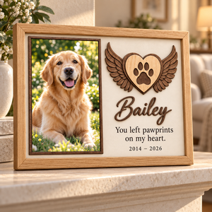 Personalized Dog Memorial Photo Frame, Custom Wooden Pet Picture Frame, Pawprints on My Heart Keepsake, Pet Loss Sympathy Gift 62a7d6b7-eb5d-41e7-aeb1-842796a77377-Bailey-Oak-Memorial-Frame-with-Angel-Heart-4.png