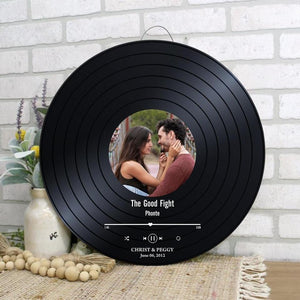 Couple Wooden Sign Photo, Name And Date Music Record Personalized Round Wood Sign