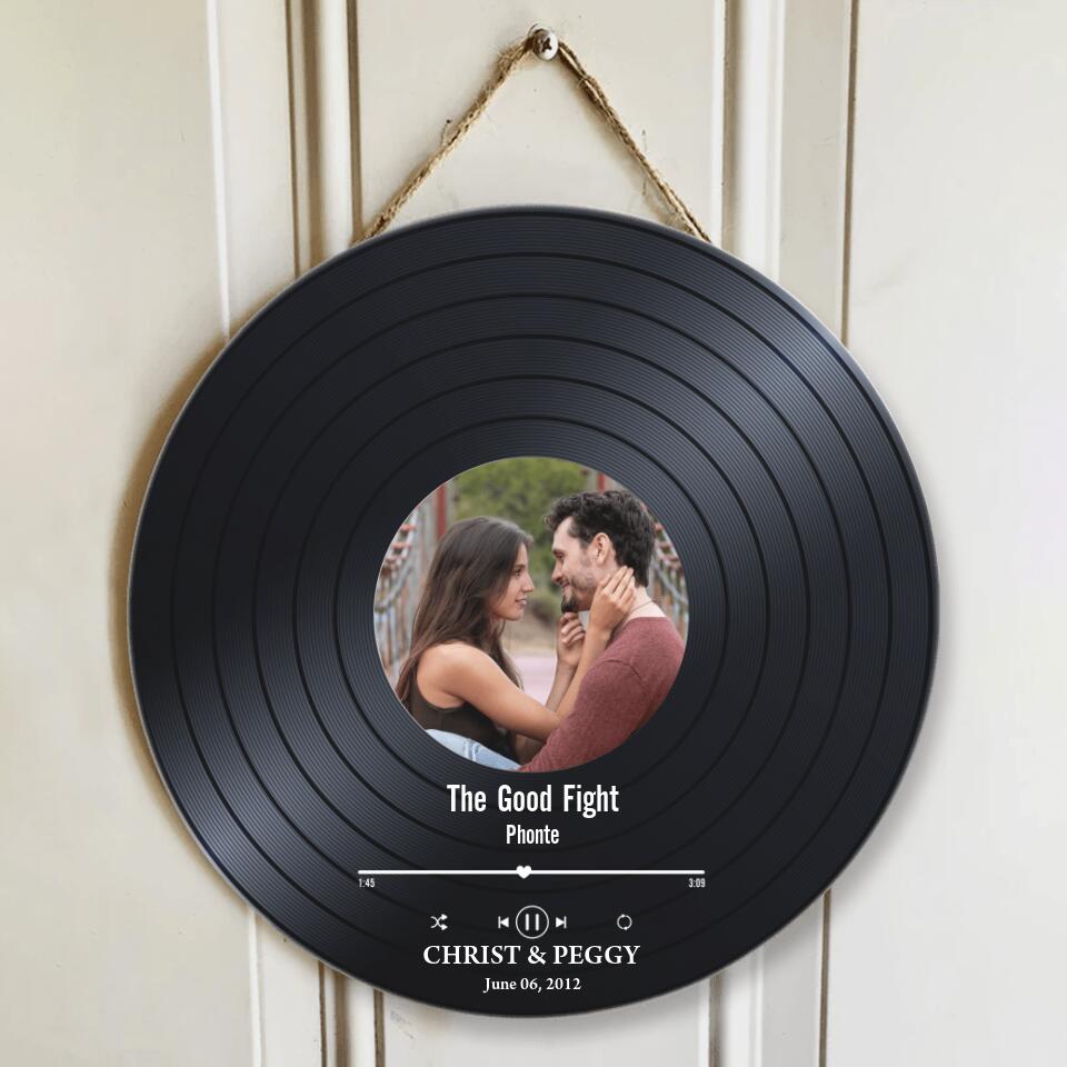 Couple Wooden Sign Photo, Name And Date Music Record Personalized Round Wood Sign
