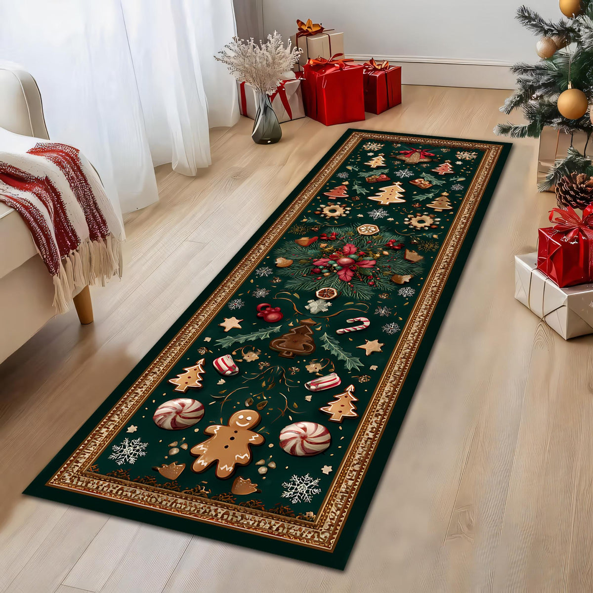 Gingerbread Christmas Runner Rug, Holiday Cookie Pattern Floor Decor, Festive Green Carpet for Kitchen, Hallway or Entryway 632cbcb0-fd3b-41c3-b919-6669ada3992e-2.jpg