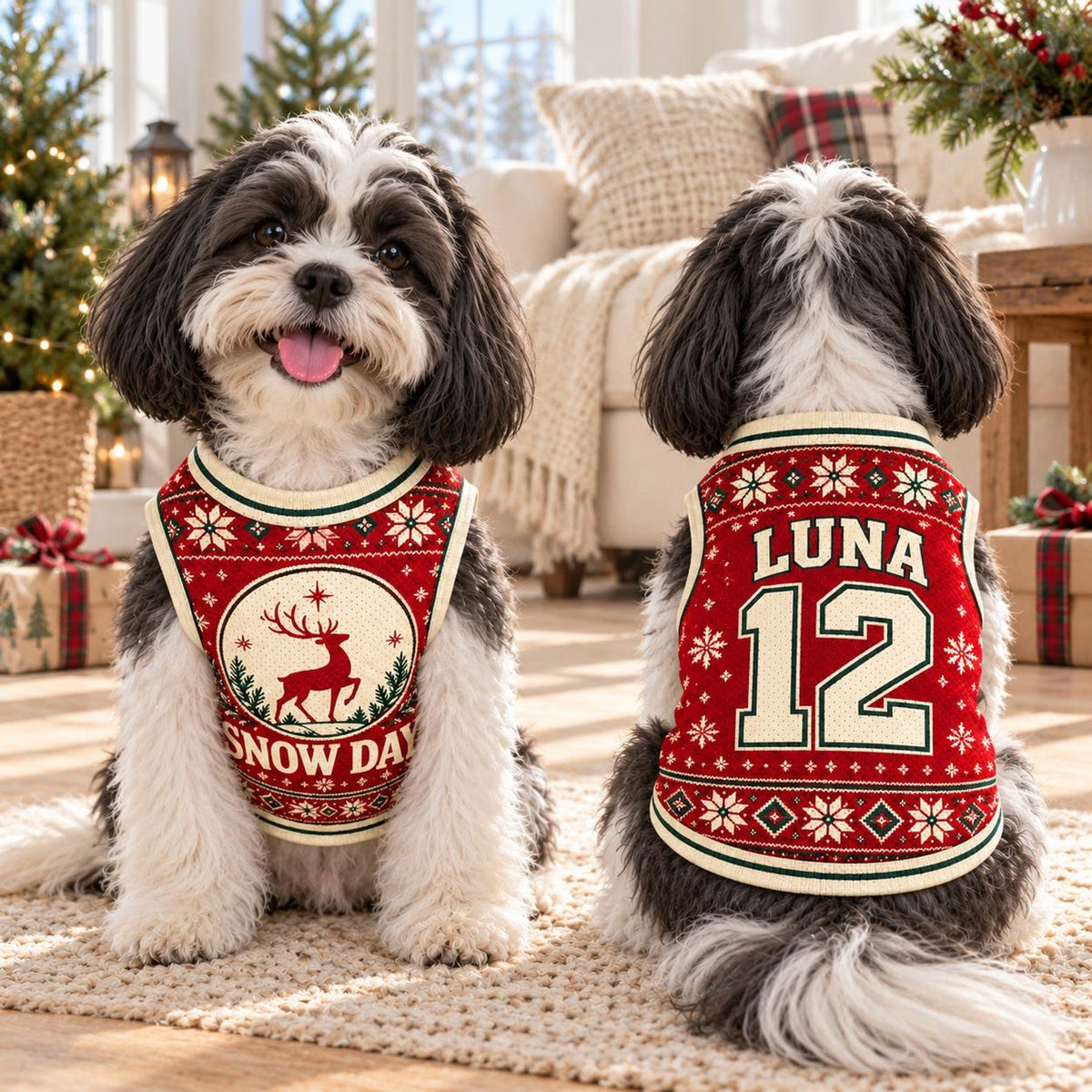 Snow Day Pet Jersey, Personalized Dog Name Number Shirt, Christmas Reindeer Pet Top, Holiday Sweater Style Outfit, Custom Dog Gift 63491f10-bd80-4b1b-b428-fa9093eefa90-il_1588xN.8623699785_p40l.jpg