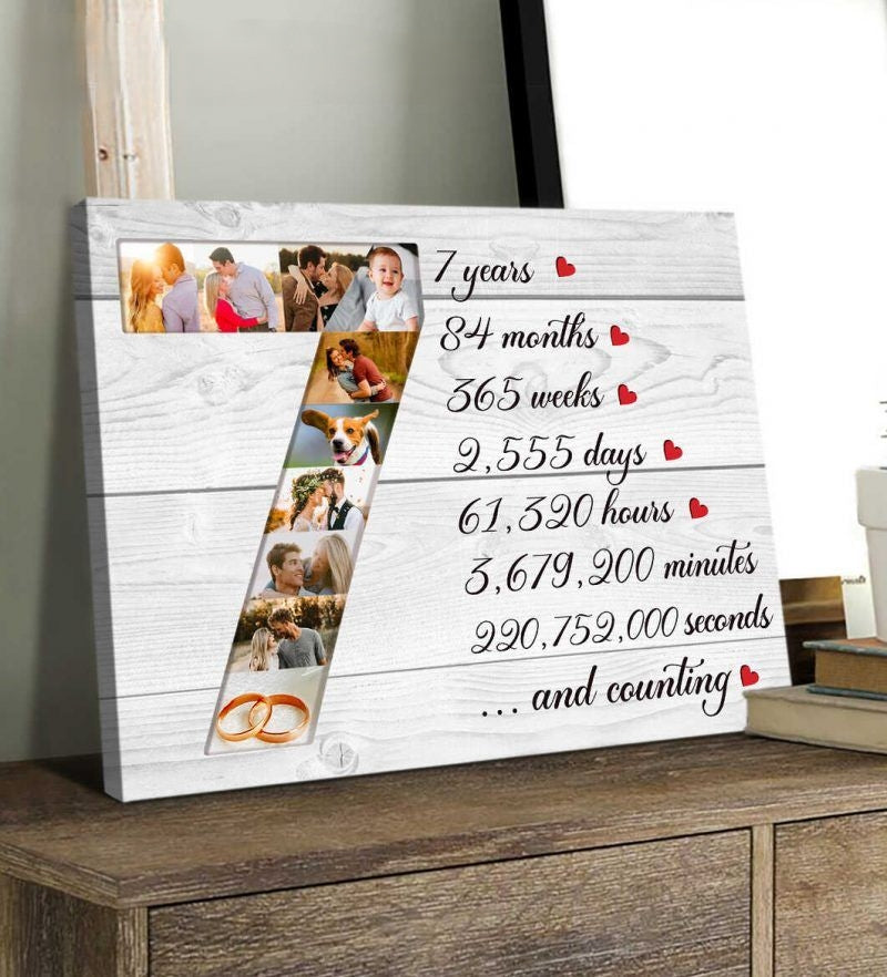 Personalized 7 Year Anniversary Photo Collage, Custom 7th Anniversary Gift, Seventh Anniversary Collage Canvas