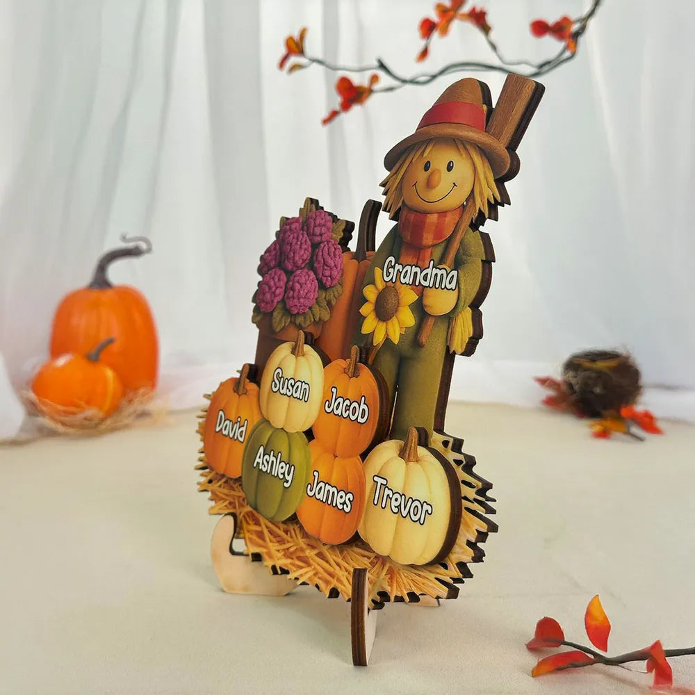 Fall Scarecrow Grandma with Pumpkins Grandkids Names - Personalized Wooden Plaque - Autumn Gift For Grandma & Family