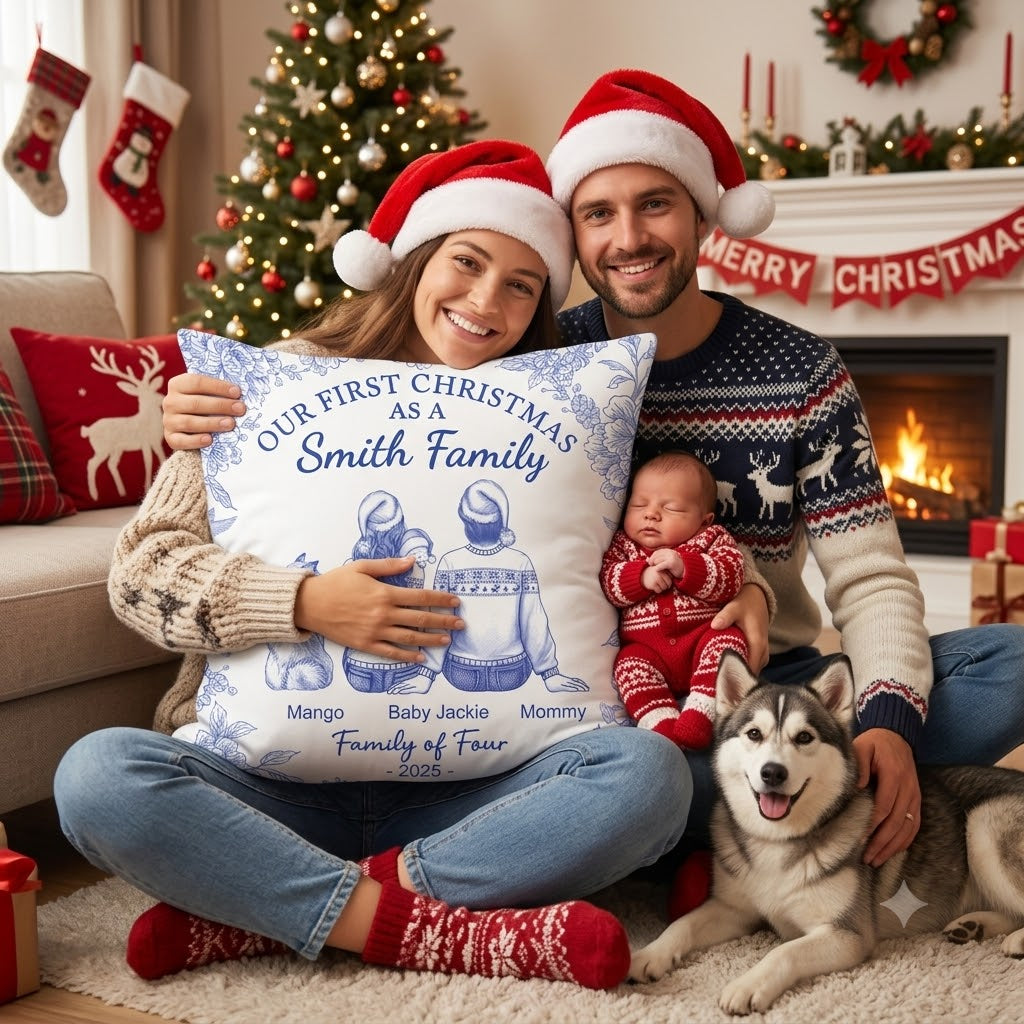 First Christmas As A Family Of Four New Parents Toile - Personalized Pillow