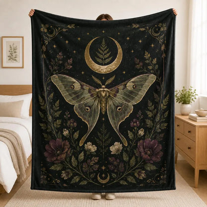 Celestial Luna Moth Blanket, Gothic Botanical Throw, Moon and Stars Bedding Decor, Witchy Bedroom Gift, Dark Floral Home, Luna Moth Blanket 6429cb66-1480-464a-a593-0e1442fdb33f-ghtr-1-.webp