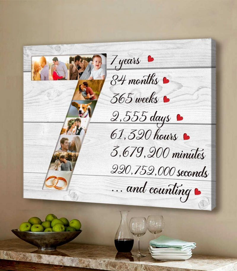 Personalized 7 Year Anniversary Photo Collage, Custom 7th Anniversary Gift, Seventh Anniversary Collage Canvas