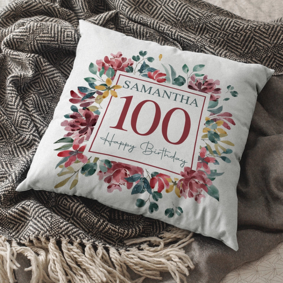 Floral Design Personalized Square Linen Pillow Birthday Gift