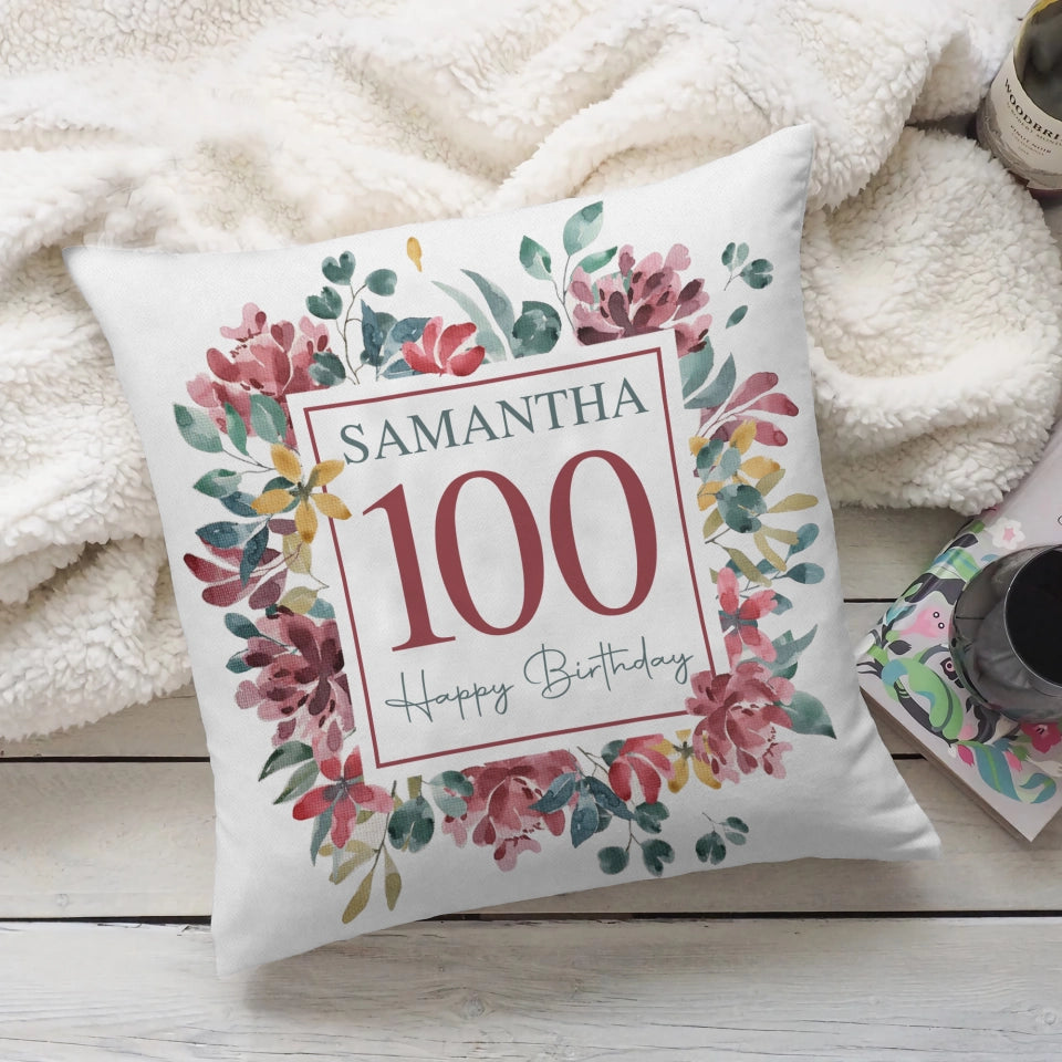 Floral Design Personalized Square Linen Pillow Birthday Gift