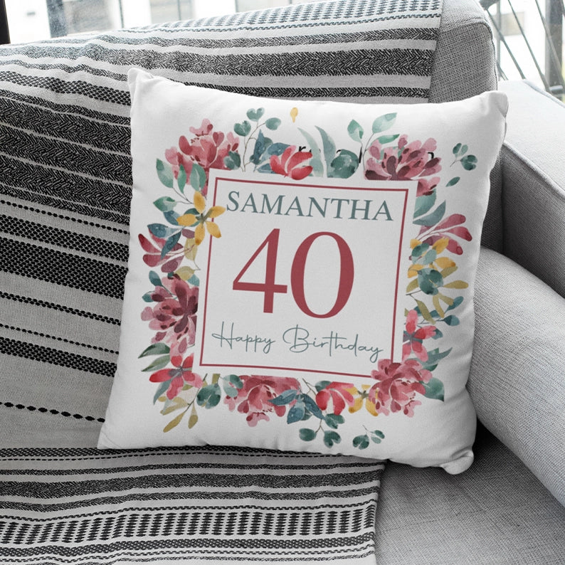 Floral Design Personalized Square Linen Pillow Birthday Gift