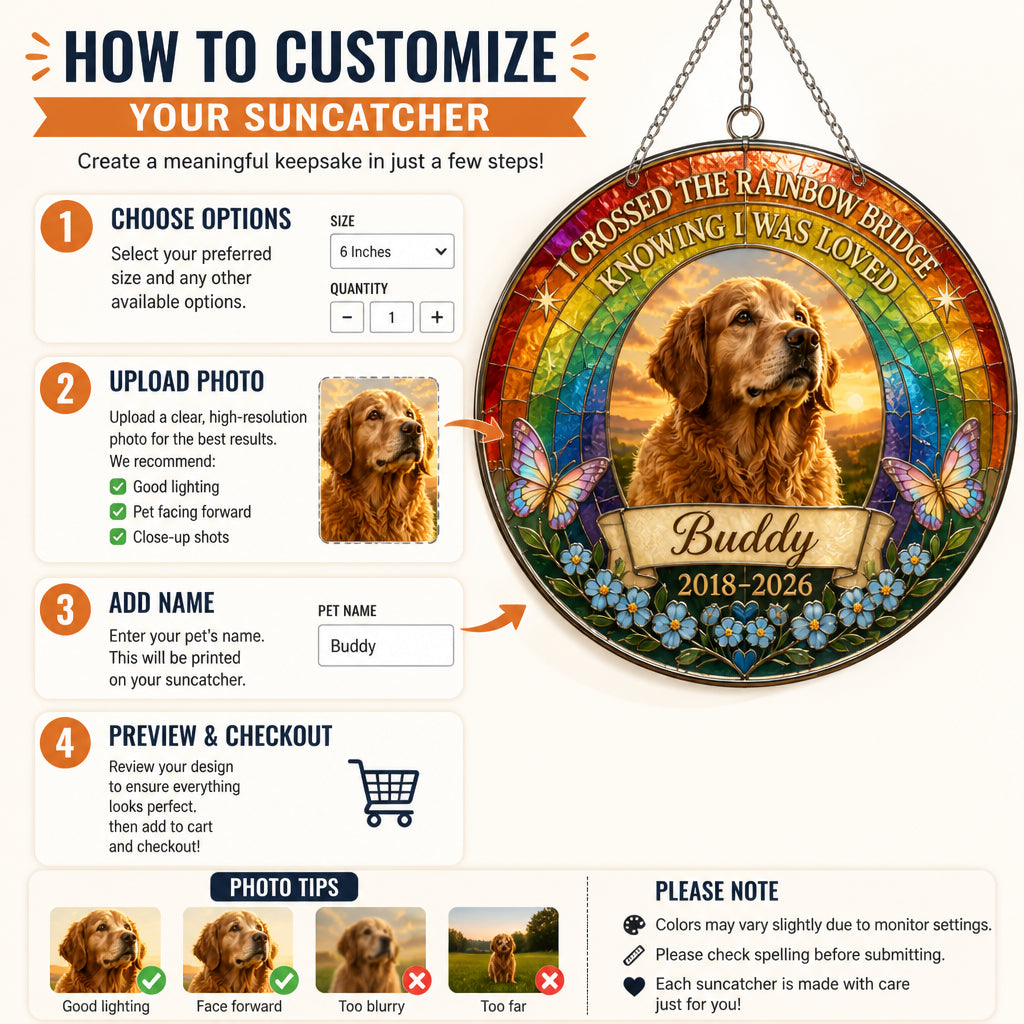 Rainbow Bridge Pet Memorial Stained-Glass Suncatcher — Photo, Name & Years - Personalized Suncatcher Stained Glass 64619cea-7051-470c-be97-3e602ba74dc6.jpg