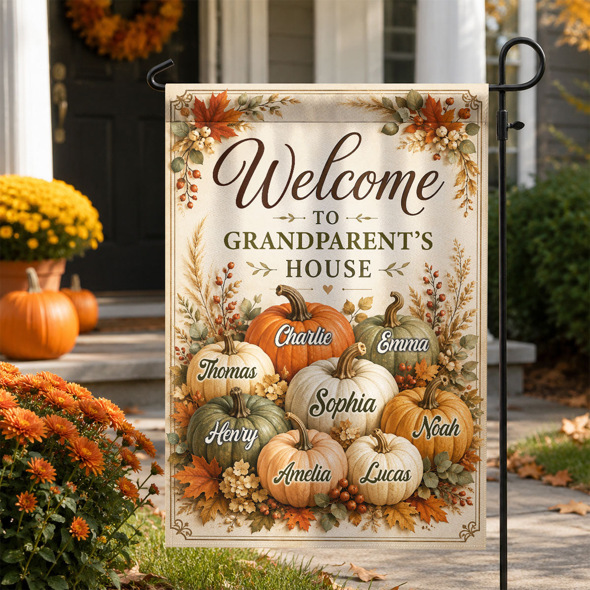 Welcome To Grandparent's House Fall Pumpkin - Personalized Garden Flag - Fall Season Decor Gift, Gift For Grandma, Grandpa 6472ecd9-9984-486f-8b68-539517516609-banner-4.jpg