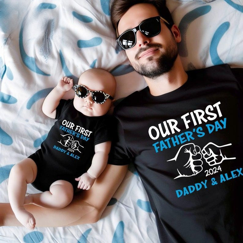 Our First Father's Day Matching Shirt And Bodysuit With Custom Names For Dad And Baby, Personalized Dad And Kid Shirts, Gift For Husband