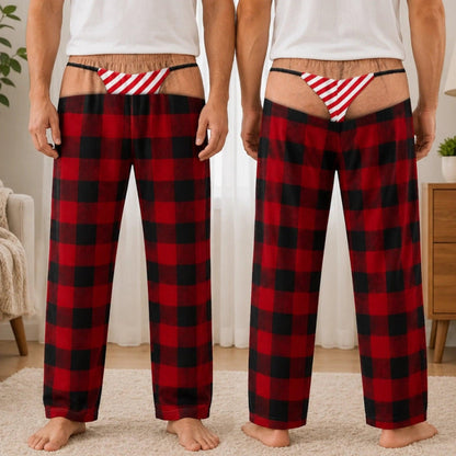 Custom Funny Men's Pajama Pants, Christmas Birthday Gag Gifts For Him, Fake Thong Illusion Buffalo Plaid Lounge Pants 64bbde68-25a4-458a-b952-787cecb836fe-1.jpg