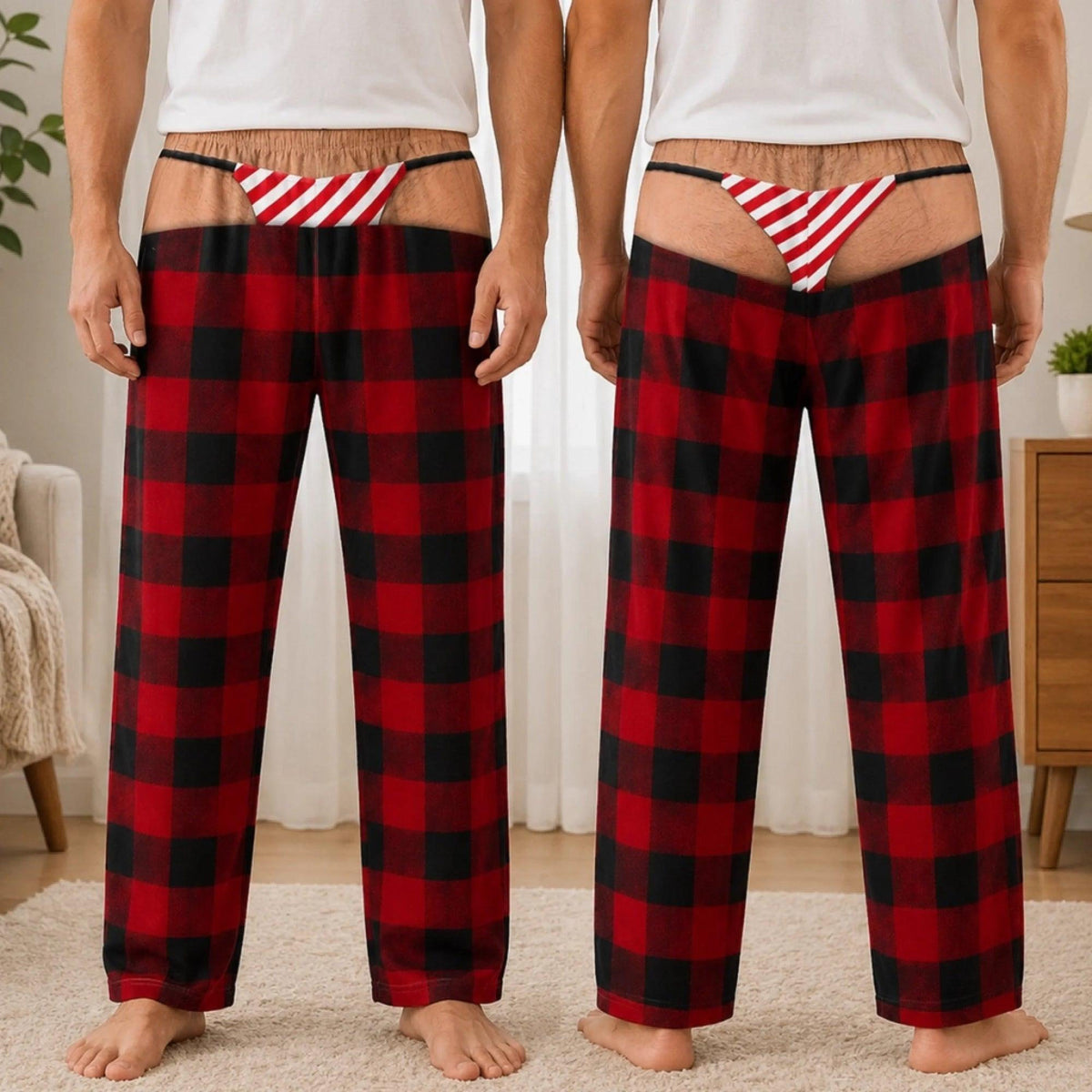 Custom Funny Men's Pajama Pants, Christmas Birthday Gag Gifts For Him, Fake Thong Illusion Buffalo Plaid Lounge Pants 64bbde68-25a4-458a-b952-787cecb836fe-1.jpg