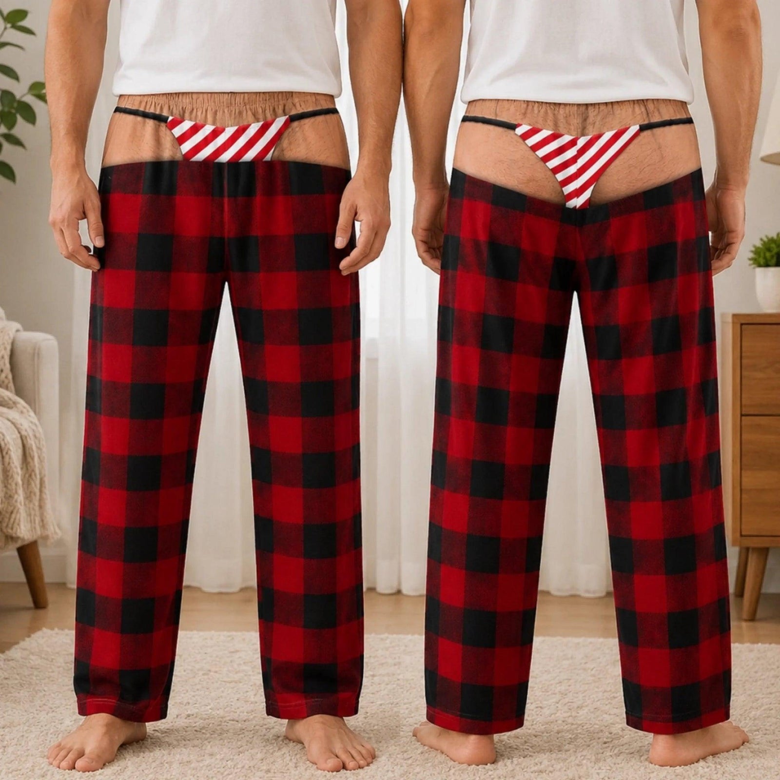 Custom Funny Men's Pajama Pants, Christmas Birthday Gag Gifts For Him, Fake Thong Illusion Buffalo Plaid Lounge Pants 64bbde68-25a4-458a-b952-787cecb836fe-1.jpg