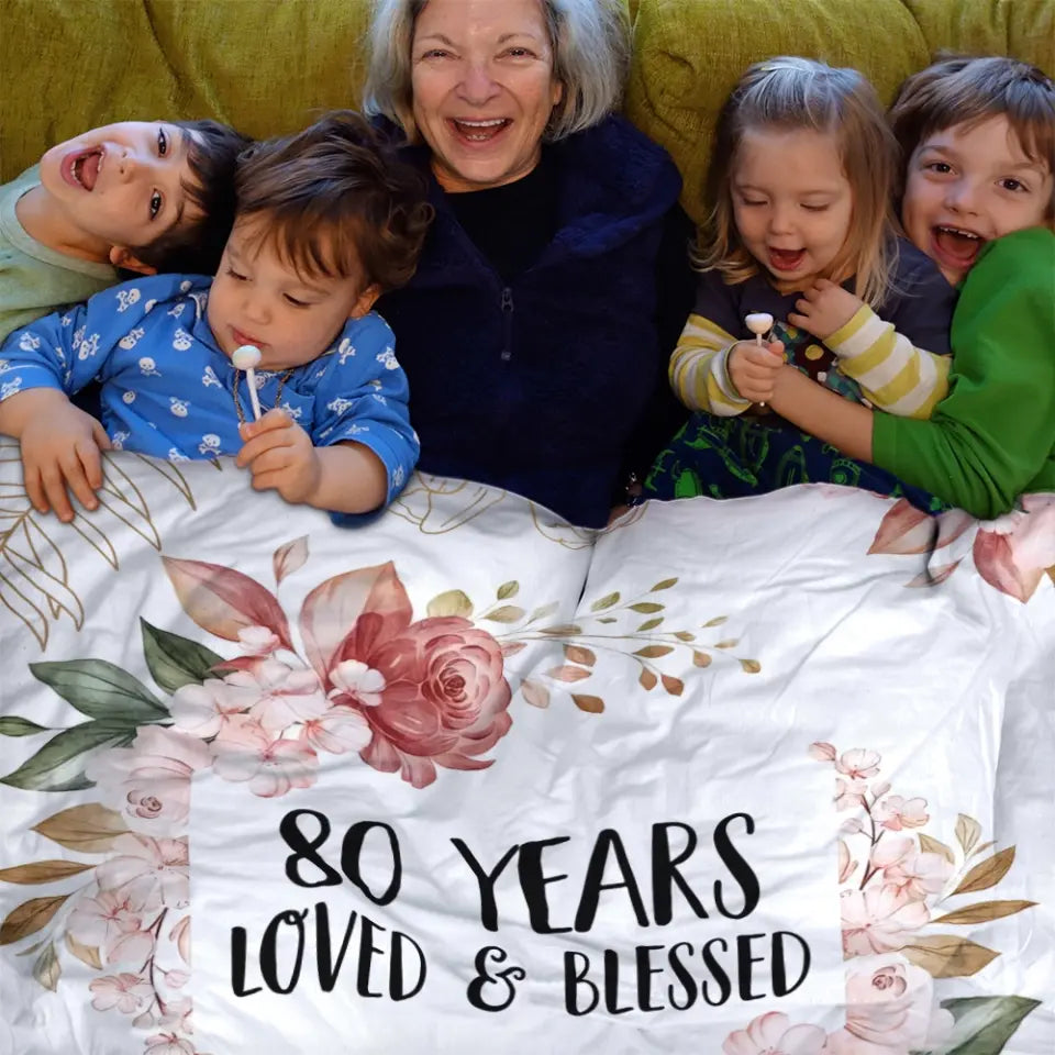 Loved & Blessed Floral Blanket - Personalized Fleece Blanket - Birthday Gift For Mom, Grandma, Auntie