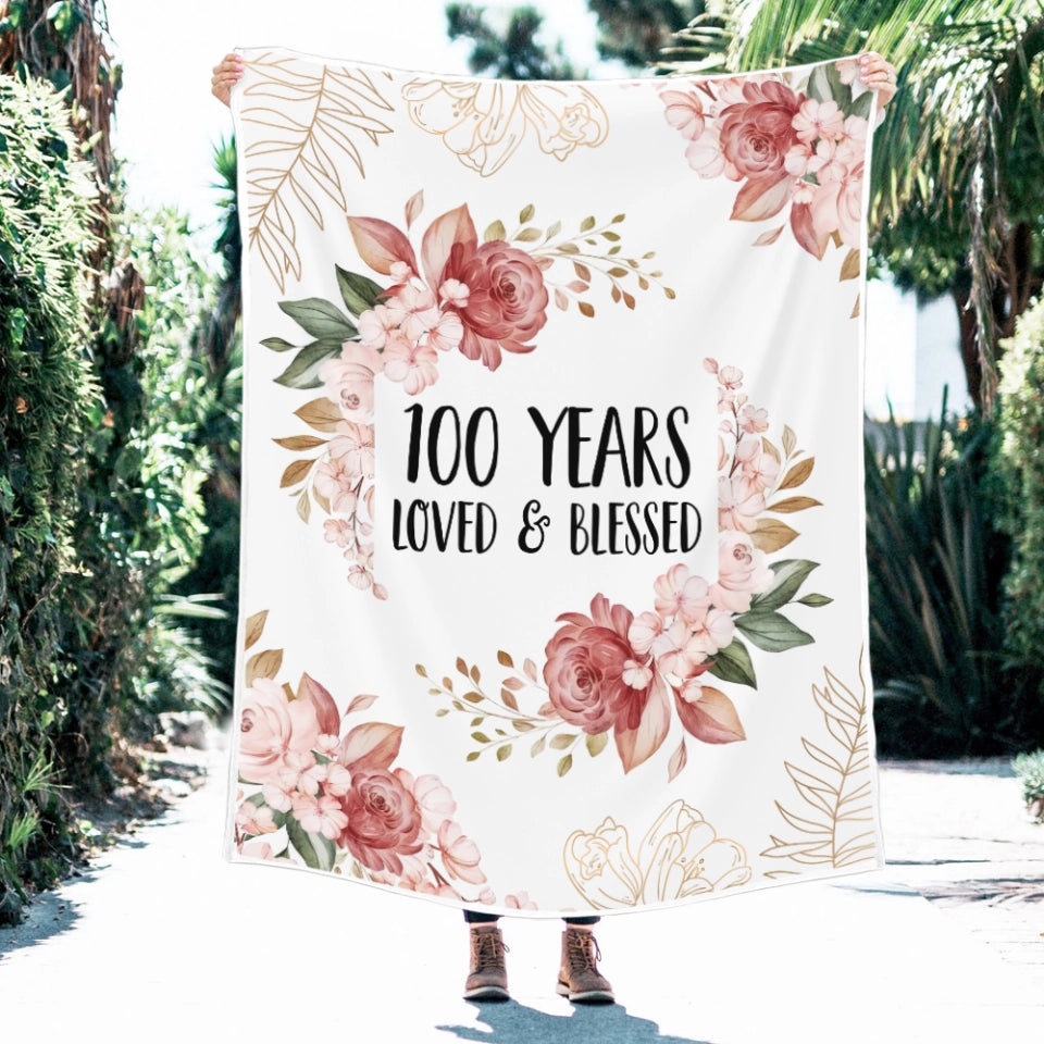 Loved & Blessed Floral Blanket - Personalized Fleece Blanket - Birthday Gift For Mom, Grandma, Auntie
