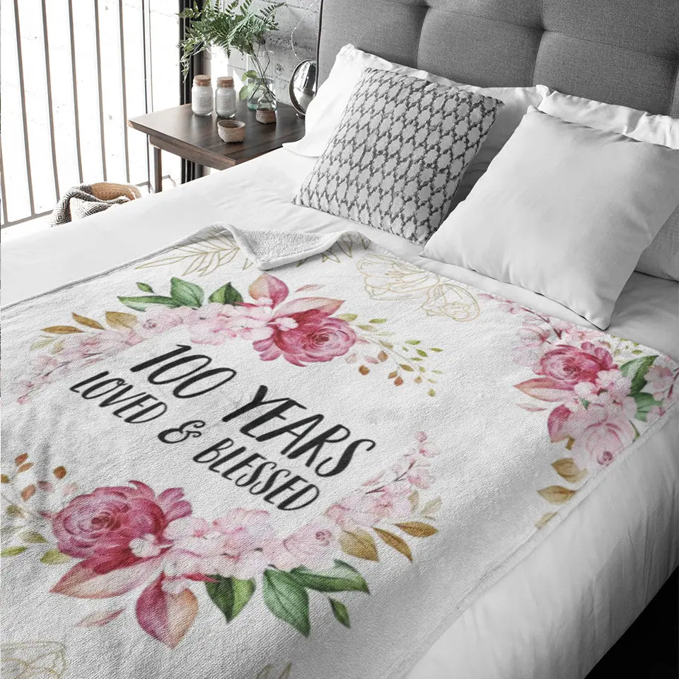 Loved & Blessed Floral Blanket - Personalized Fleece Blanket - Birthday Gift For Mom, Grandma, Auntie