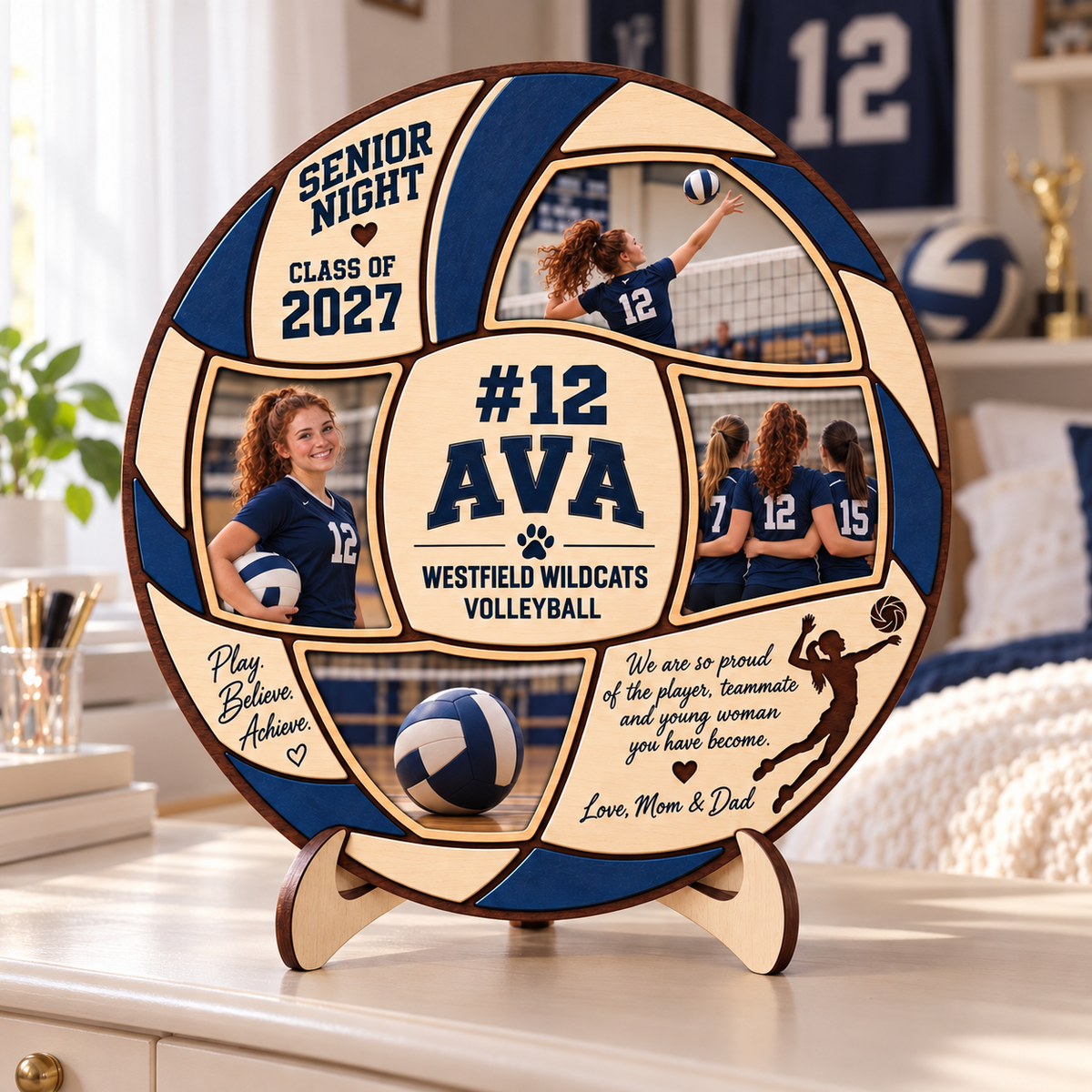 Personalized Volleyball Photo Collage Plaque with Stand – Christmas Gift for Volleyball Players, Senior Night & Graduation Keepsake 64f76f4b-eea6-4f8d-951b-07192fdfe01c-AVA-12-Volleyball-Plaque-Bedroom-Display-4.png