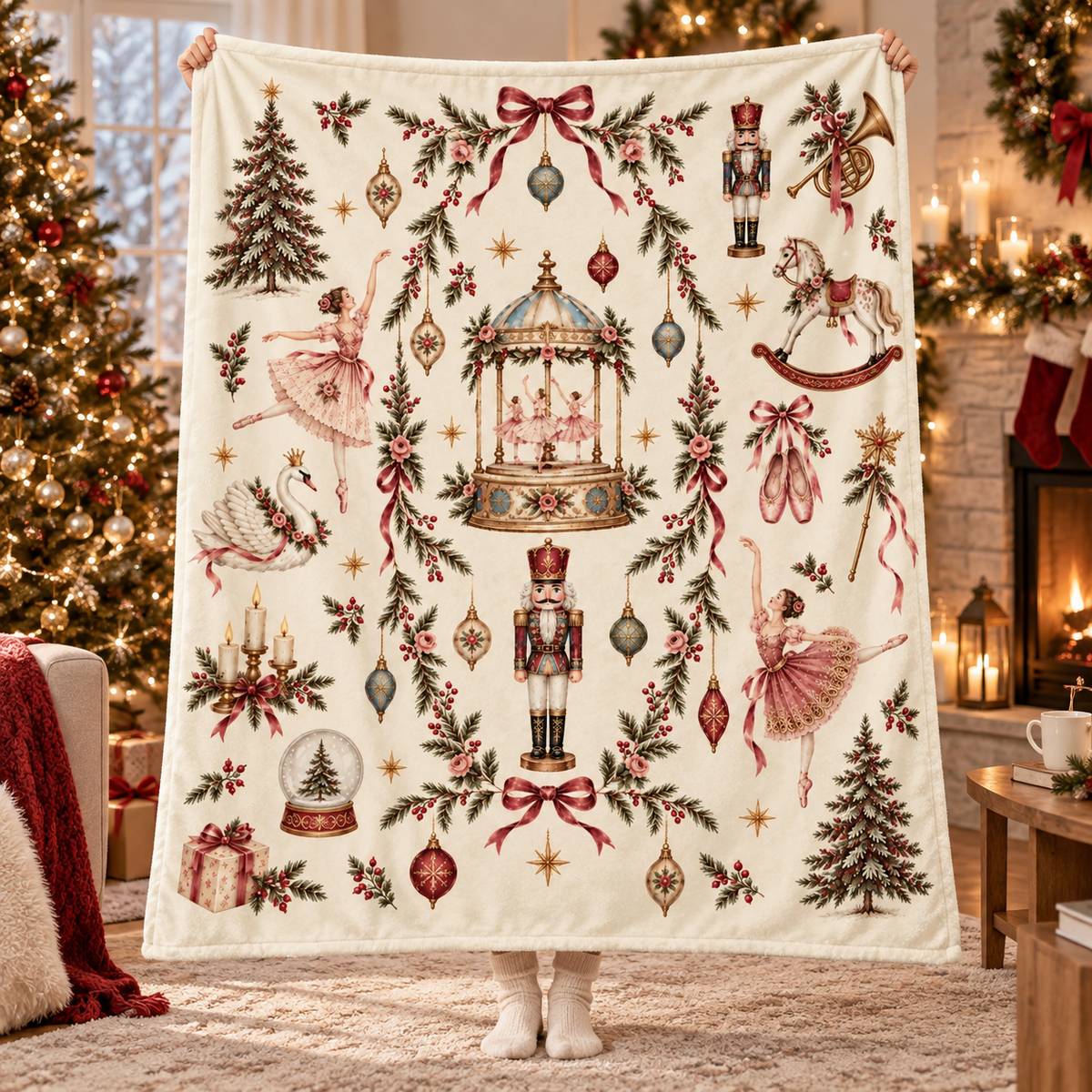 Nutcracker Christmas Flannel Blanket, Vintage Ballerina and Pink Bow Print, Cream Holiday Throw, Ballet Dancer Gift 6586e62a-aea1-4e95-b457-315a3333523d-74c321a3-9850-47cf-b0b8-d8aec3534424.png