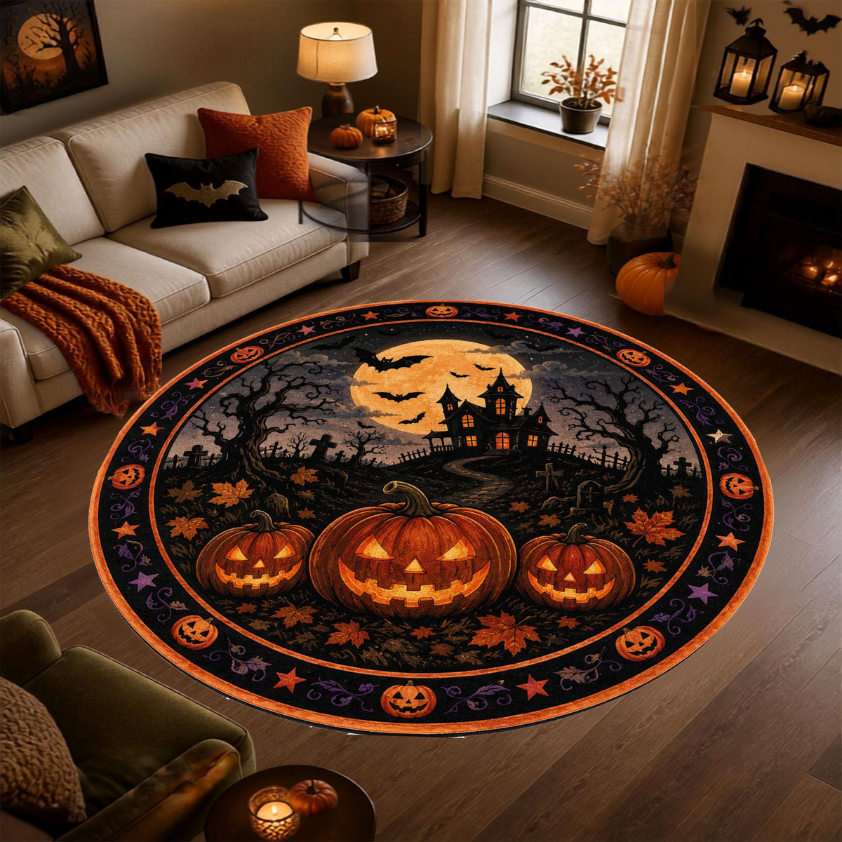 Halloween Round Area Rug, Haunted House Pumpkin Rug, umpkin Patch Area Rug, Gothic Fall Decor, Jack O Lantern Home Rug, Full Moon Witchy Rug 6592b651-6b44-45db-befa-4fe1719f8dc2-2.jpg