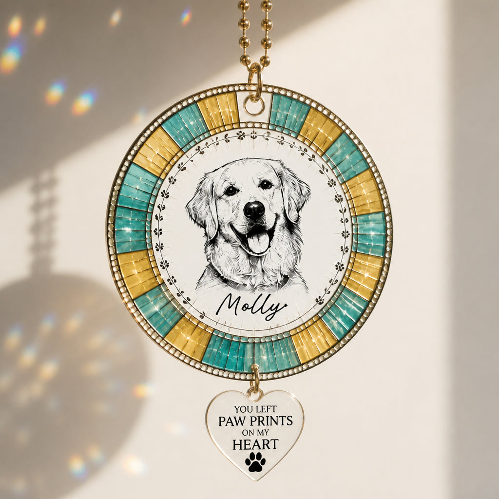 Pet Memorial Suncatcher With Charm — Custom Photo Portrait & Name — "You Left Paw Prints On My Heart" - Personalized 1 Layered Suncatcher with Charm 659f1617-b404-424f-adc6-a76fc7b583f4.jpg