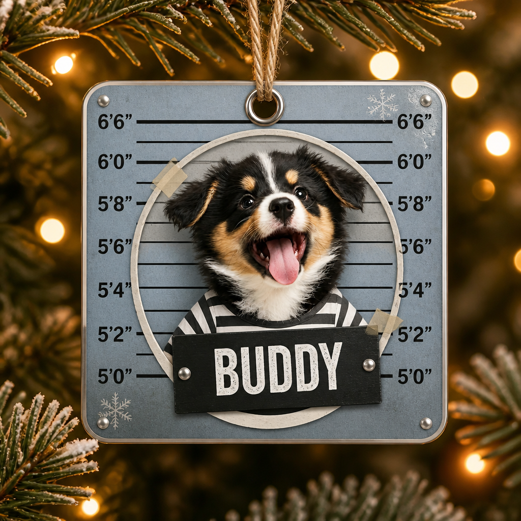Custom Pet Mugshot Aluminum Ornament (Photo + Name) - Personalized Aluminum Ornament 65b3248b-ee73-4a73-a3b6-191d17f96e2b.png