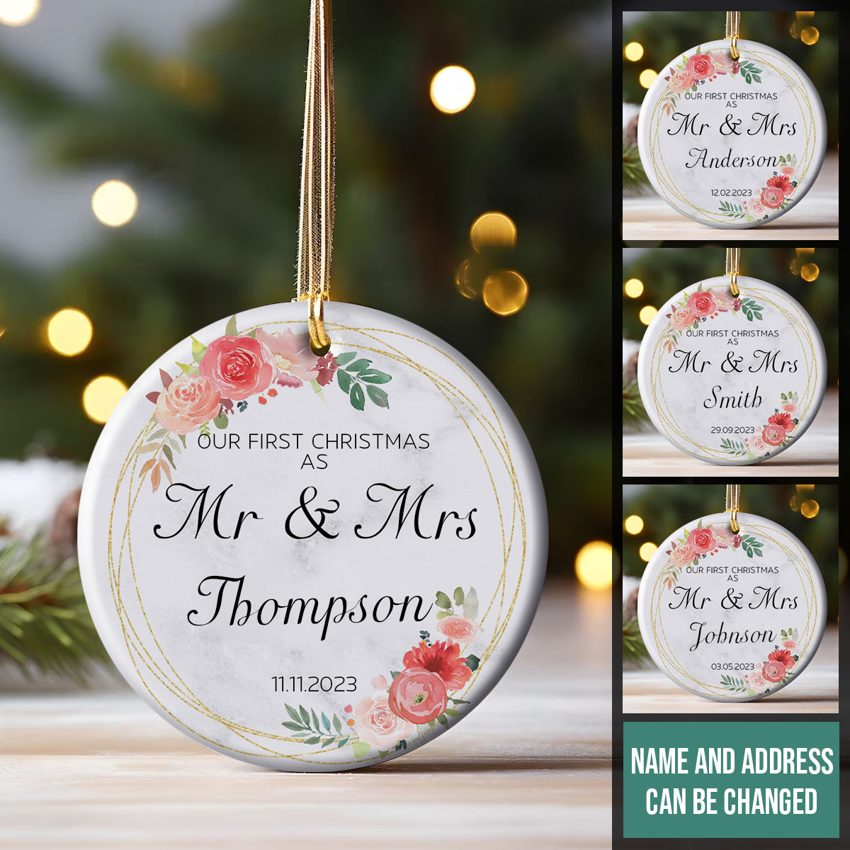 Our 1st Christmas As Mr. & Mrs. Golden Wreath Pink Roses - Personalized Ornament - Christmas Gift