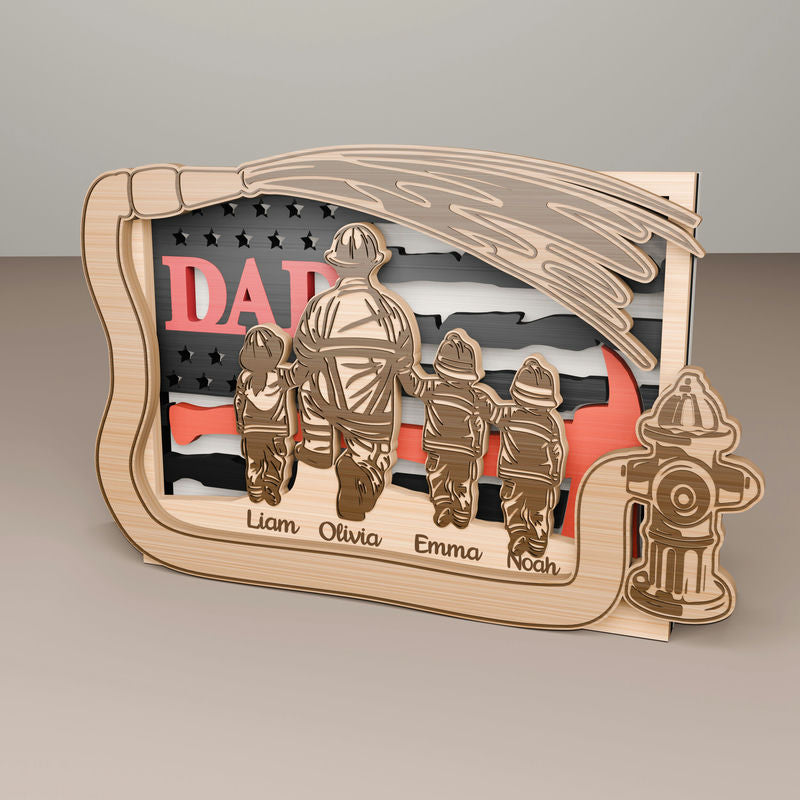 Personalized Father's Day Gift with Wooden Sign for Firefighter Dad and Kids