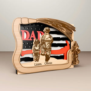 Personalized Father's Day Gift with Wooden Sign for Firefighter Dad and Kids