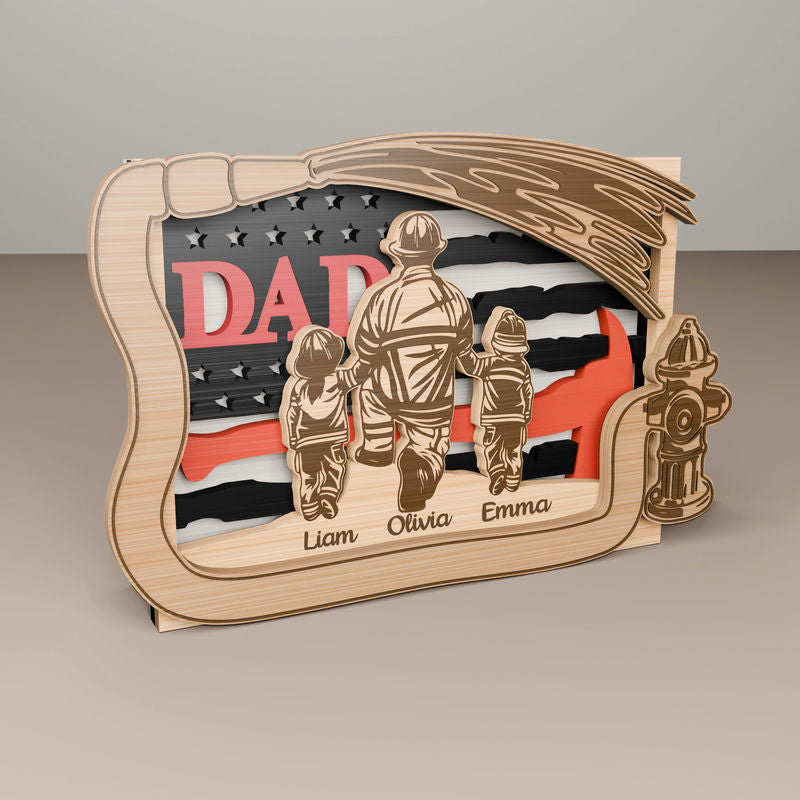 Personalized Father's Day Gift with Wooden Sign for Firefighter Dad and Kids